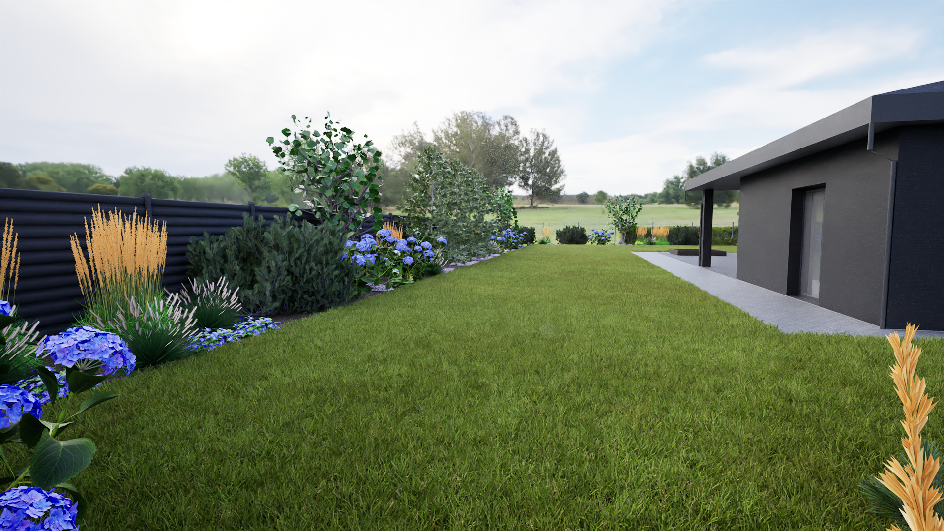 Pagrindinis projekto tikslas buvo sukurti privatumą nuo kaimynų pasitelkiant želdynus, kartu išlaikant lengvą ir natūralų aplinkos vaizdą. Projekte taip pat numatyta patogi ūkinė zona, o vaismedžiai ir vaiskrūmiai estetiškai integruoti į bendrą želdynų kompoziciją.